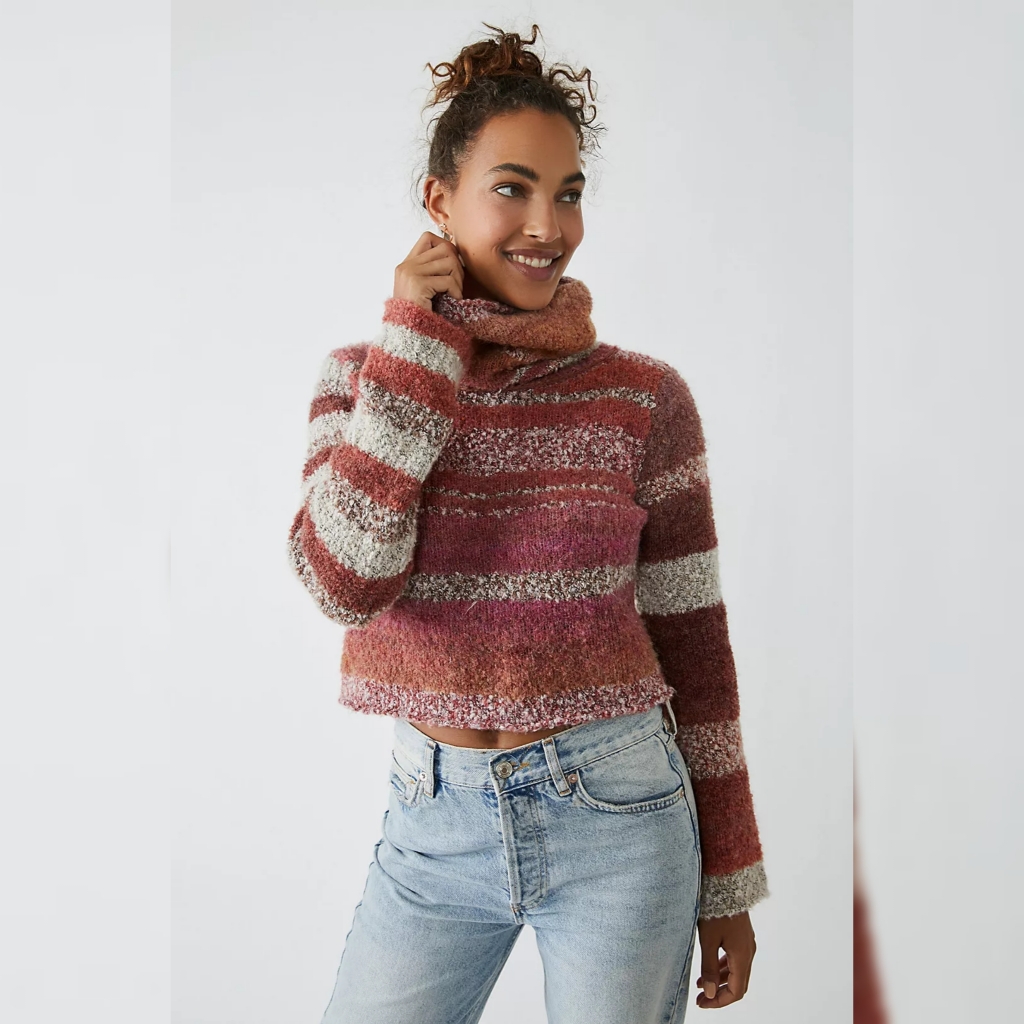 Free People My Girl Turtleneck Brown And Pink Striped Women's Size Medium